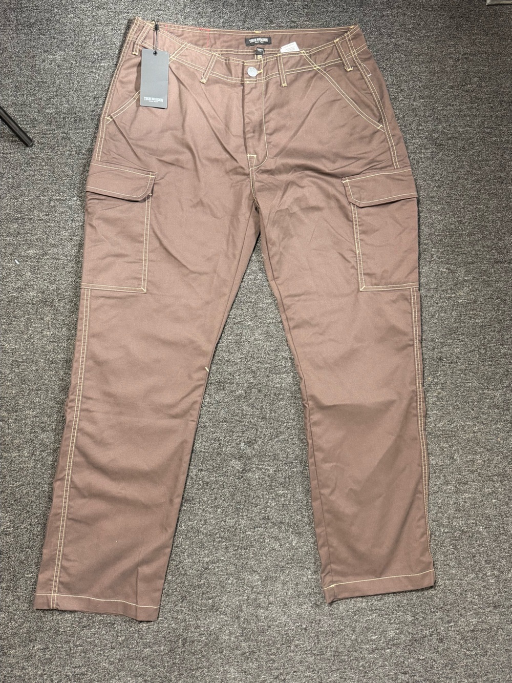 True Religion Men's Brown Cargo Pants Size 34 with Contrast Stitching